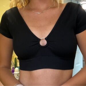 SOLD — Aerie Black Cut Out Crop Top with V-Neck and Gold Ring Detail